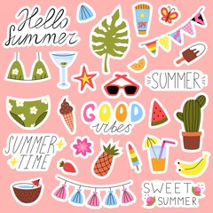 Set of cute summer stickers. Cute pineapple, ice cream, monstera, food and drink stickers. Summer lettering stickers.