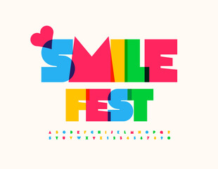 Vector colorful poster Smile Fest with decorative Heart. Bright artistic Font. Creative Alphabet Letters and Numbers set