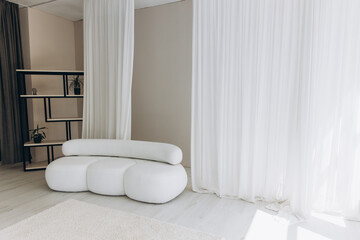Fototapeta na wymiar Stylish living room interior with comfortable white sofa and different decor elements