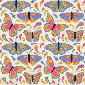 Seamless pattern with retro butterflies. Summer simple minimalist butterfly. 70 s style insect. Colorful background. Vector illustration.
