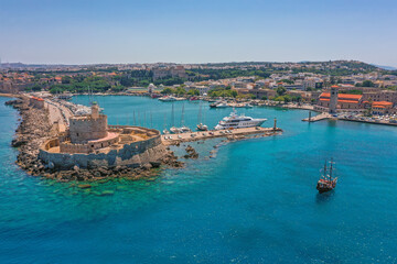 Fototapeta premium Mandraki port of Rhodes city harbor aerial panoramic view in Rhodes island in Greece