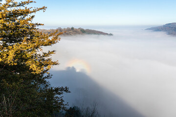 The River Wye totally obscured by mist due to a temperature inversion, seen from the viewpoint of Symonds Yat Rock, Herefordshire, England UK
