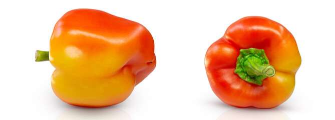 Big yellow-red bell pepper on white isolated background. Top and back view. Food, vegetable, ingredient. Design element. Copy space