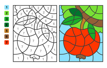 Vector coloring page Color by numbers apple. Puzzle game for children education and activities