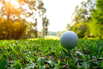 Golf ball is on tee at green lawn in a beautiful golf course with morning sunshine.Ready for golf in the first short.