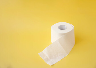 On a yellow background, a white roll of toilet paper