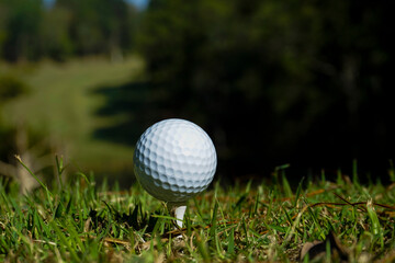 Golf ball is on tee at green lawn in a beautiful golf course with morning sunshine.Ready for golf in the first short.