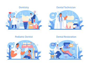 Dentistry concept set. Dental doctor in uniform treating human