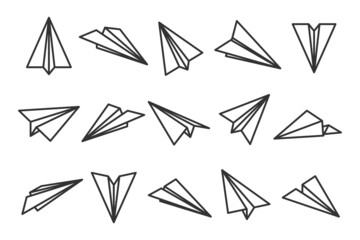 Various hand drawn paper planes. Black doodle airplanes. Aircraft icon, simple monochrome plane silhouettes. Outline, line art. Vector illustration.