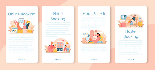 Booking a hotel mobile application banner set. Traveling and tourism planning - obrazy, fototapety, plakaty