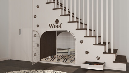 Cozy space devoted to pets in dark wooden tones, dog room interior design, concept idea. Wooden staircase decorated with prints, kennel with pillows and gate, wardrobe