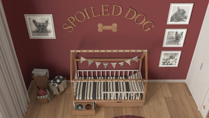 Dog room interior design, cozy space devoted to pets in red and wooden tones. Wooden dog bed with pillow and drawer with treat bowl. Baskets, frames and decors. Top view, above