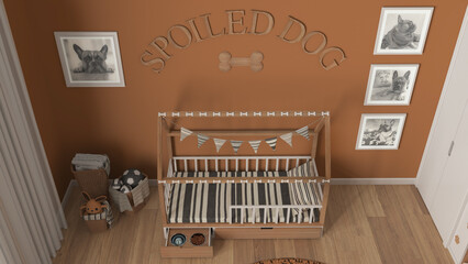 Dog room interior design, cozy space devoted to pets in orange and wooden tones. Wooden dog bed with pillow and drawer with treat bowl. Baskets, frames and decors. Top view, above