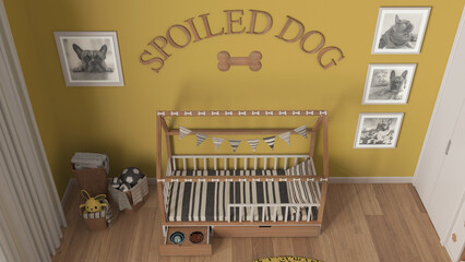 Dog room interior design, cozy space devoted to pets in yellow and wooden tones. Wooden dog bed with pillow and drawer with treat bowl. Baskets, frames and decors. Top view, above