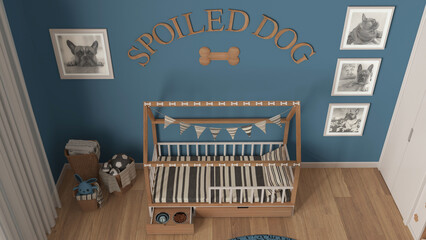 Dog room interior design, cozy space devoted to pets in blue and wooden tones. Wooden dog bed with pillow and drawer with treat bowl. Baskets, frames and decors. Top view, above