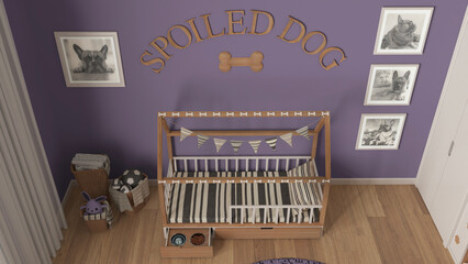Dog room interior design, cozy space devoted to pets in purple and wooden tones. Wooden dog bed with pillow and drawer with treat bowl. Baskets, frames and decors. Top view, above