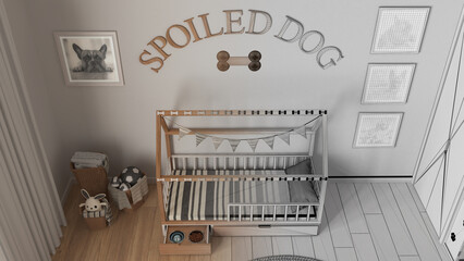 Architect interior designer concept: hand-drawn draft unfinished project that becomes real, dog room, space devoted to pets. Dog bed with drawer with treat bowl. Top view, above