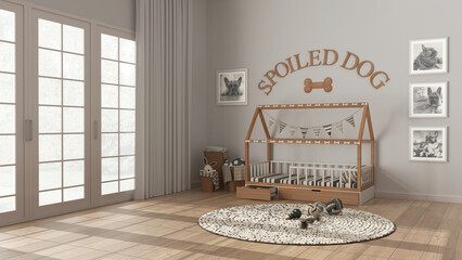 Dog room interior design, modern space devoted to pets in white and wooden tones. Big window with curtain and parquet floor, cozy dog bed with pillows, frames, carpet with toys