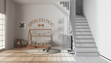 Architect interior designer concept: hand-drawn draft unfinished project that becomes real, modern space devoted to pets, dog room . Window, staircase, dog bed with pillows, carpet