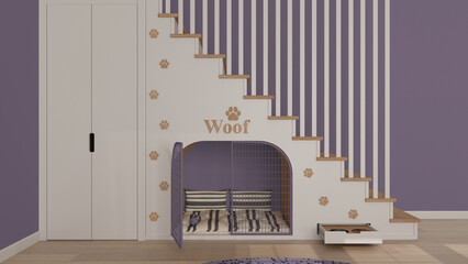 Pet friendly interior design, wooden staircase in purple tones, modern space devoted to pets. Kennel with gate and pillows, drawer with treat and water bowl, wardrobe. Dog room - obrazy, fototapety, plakaty