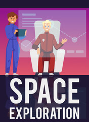 Obraz premium Astronauts exploring space by using hologram control panel, poster template flat vector illustration.