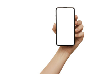 Female hand holding modern mobile phone with blank screen isolated at white background. Cellphone mockup.