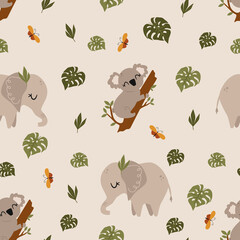 seamless pattern with birds and leaves