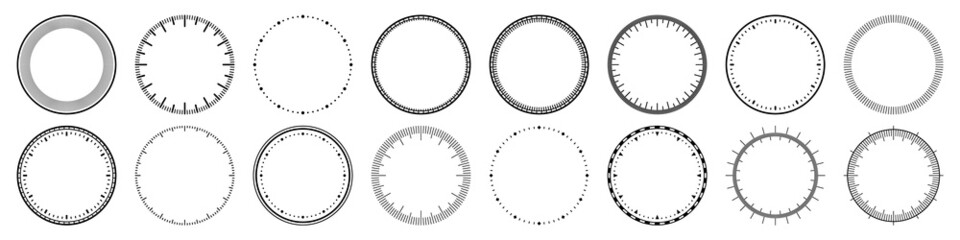 Mechanical clock faces, bezel. Watch dial with minute and hour marks. Timer or stopwatch element. Blank measuring circle scale with divisions. Vector illustration.