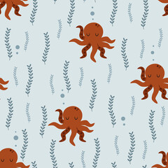 seamless pattern with octopus on the blue background