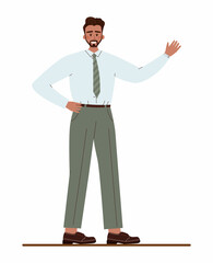 Latino-american businessman with his hand up. Character wearing business