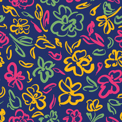 Psychedelic abstract retro florals with leaves seamless repeaet pattern. Random placed, vector line art flower power all over surface print on dark blue background.