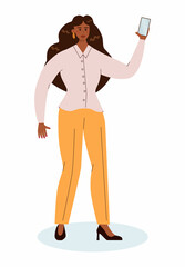 Asian businesswoman with mobile phone. Character wearing business casual