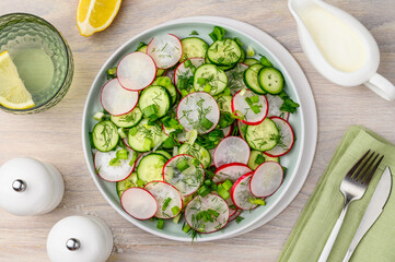 Delicious summer salad of radish and cucumber with dill and green onions. Healthy vegetarian salad. Top view