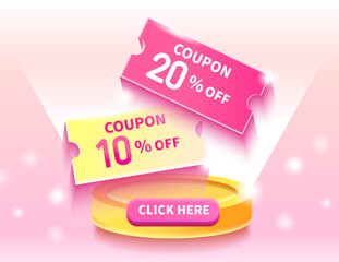 discount coupons. Sale 10%,20% off. Abstract pink background booth. Modern concept design.