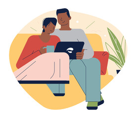 Black man and woman, couple watching a movie on a laptop together.