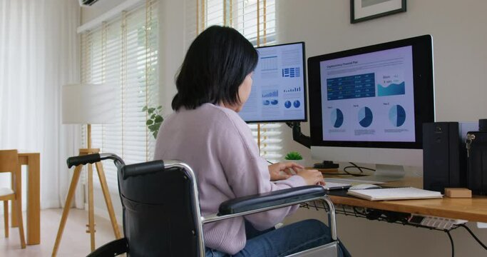 Asian disability woman with wheelchair busy work online multiple screen laptop computer or smart tablet at home in freelance sale data analytic, data science scientist engineer for business