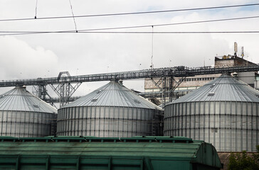 Agriculture grain silos on grass under blue sky. Ukrainian wheat export  industry. Farm towers  storages. © Viktoriia