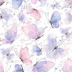 Fototapeta na wymiar Watercolor illustration of pink and lilac butterflies. Seamless pattern, gentle, airy with splashes of paint. For fabric, textiles, wallpaper, prints, scrap paper.