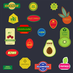 Realistic fruit tags for shop and products. Retro and modern realistic food labels. Oval, circle and rectangle food and fruits stickers.