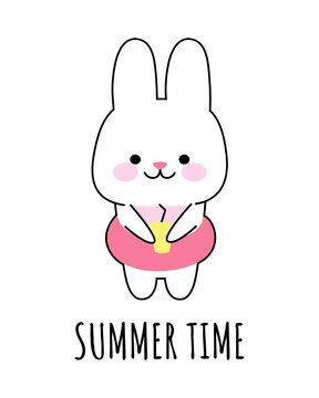 A happy hare in an inflatable circle drinks a cocktail. The concept of summer time. Vector kawaii illustration for prints, postcards, banners, templates.