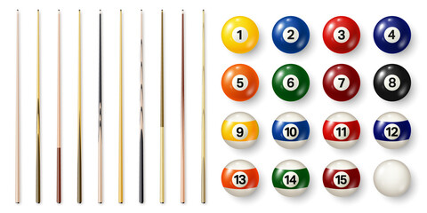Colorful billiard balls with numbers and various pool cues. Glossy snooker ball. Sports equipment. Vector illustration. - obrazy, fototapety, plakaty