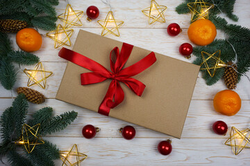 The gift in the craft box is tied with a red bow