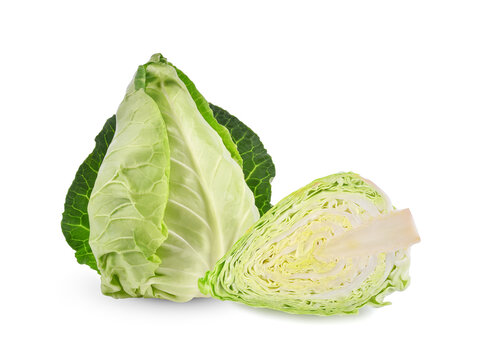 Fresh green pointed cabbage and sliced isolated on white background.