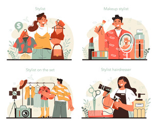 Fashion stylist concept set. Modern, creative job, professional fashion