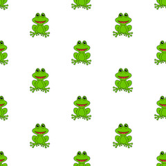 Frog seamless pattern. Green frogs on a white background. Vector