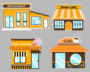 Vector collection set of restaurant, home cafe, ice cream and cafe building in flat design. business symbol
