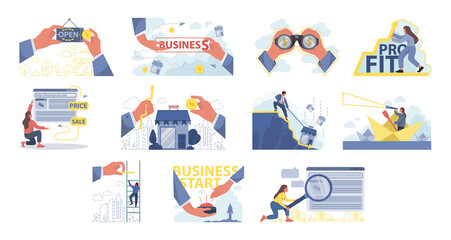 Fototapeta premium Small business development concept set. Business people and investors