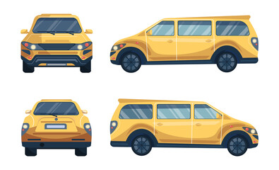 Naklejka premium Yellow minivan set. Family or business transportation. Front, back