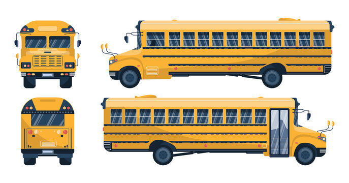 Yellow school bus set. Front, back and two side views. Student