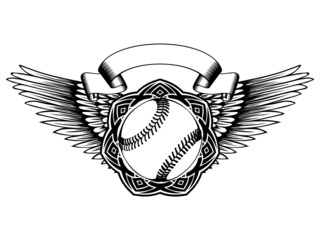 Abstract vector illustration black and white baseball ball on round ornament and wings. Design for tattoo or print t shirt.